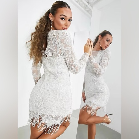 NWT ASOS Edition White Beaded Mesh Fringe Mini Dress Plus Bridal Wedding - Picture 1 of 15